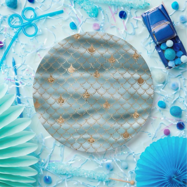 Aqua Blue Gold Glitter Mermaid Paper Plate (Party)