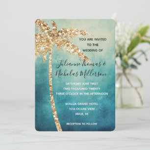 Aqua Blue Gold Glitter Tropical Palm Tree Wedding Invitation