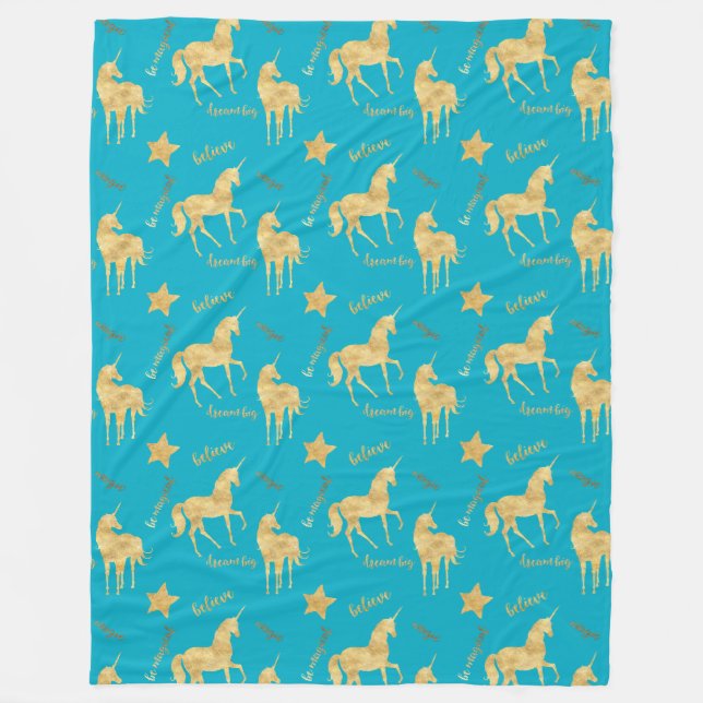 Aqua Blue Gold Magical Unicorn Birthday Fleece Blanket (Front)