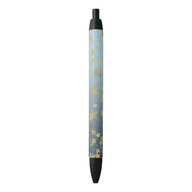 Aqua Blue Gold Ombre Stars Black Ink Pen (Front Vertical)