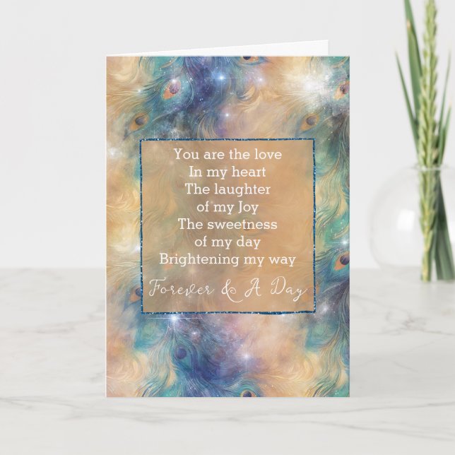 Aqua Blue Gold Peacock Forever Poem Card (Front)