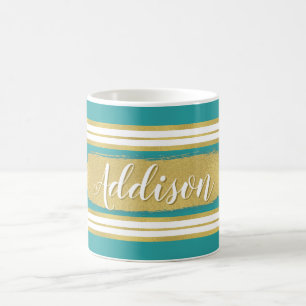 Aqua Blue Gold Stripe Pattern Custom Name Coffee Mug