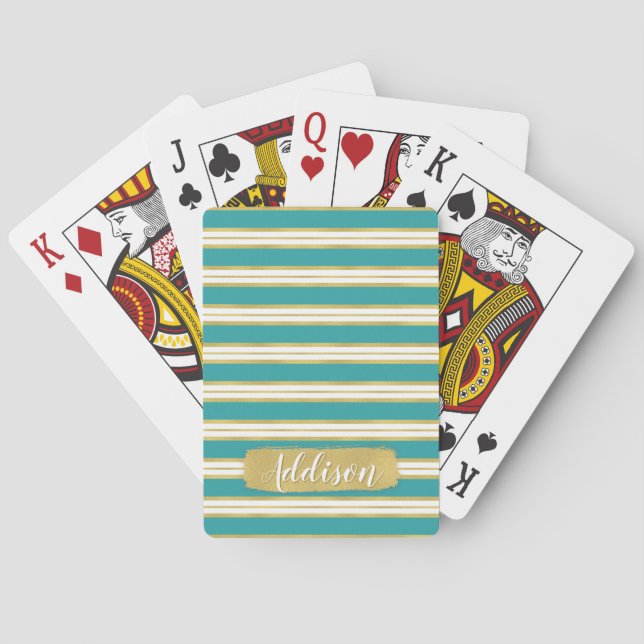 Aqua Blue Gold Stripe Pattern Custom Name Playing Cards (Back)