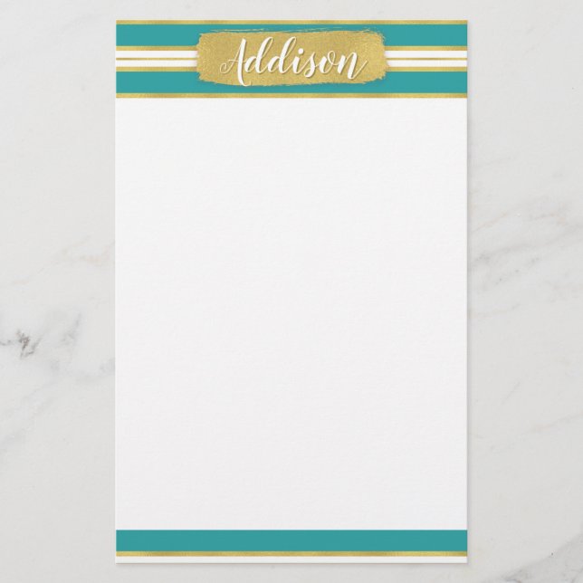 Aqua Blue Gold Stripe Pattern Custom Name Stationery (Front)