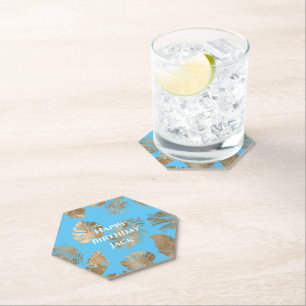 Aqua Blue Gold Tropical Leaves  Paper Coaster
