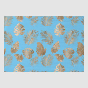 Aqua Blue Gold Tropical Leaves Tissue Paper