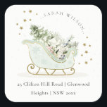 Aqua Blue Gold Winter Sleigh Christmas Address Square Sticker<br><div class="desc">Chill Out Sleigh Winter Theme Collection.- it's a cute pastel watercolor Illustration of Aqua blue gold sleigh filled with Christmas pine tree, gifts and winter berries with classy gold star frame and snowfall in the background. Perfect for your little ones winter birthday party. It’s very easy to customize, with your...</div>