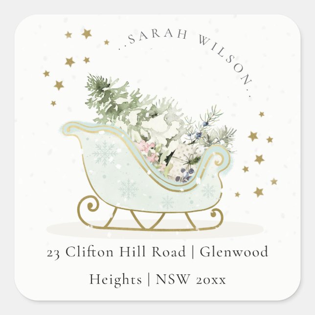 Aqua Blue Gold Winter Sleigh Christmas Address Square Sticker (Front)