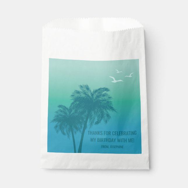 Aqua Blue Gradient Palm Trees Birthday Thank You Favour Bag (Front)