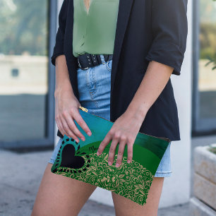 Aqua Blue Green Chic Floral Heart Accessory Pouch