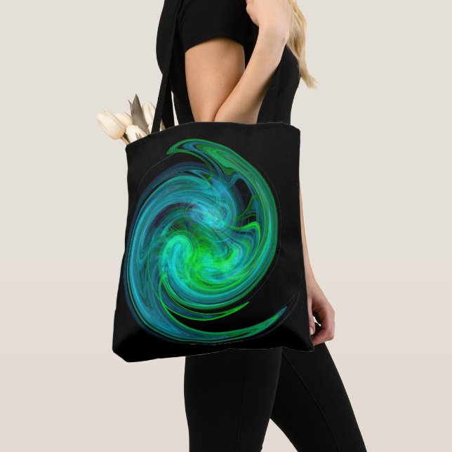 AQUA BLUE GREEN LIGHT VORTEX Fractal Swirl Black Tote Bag (Close Up)