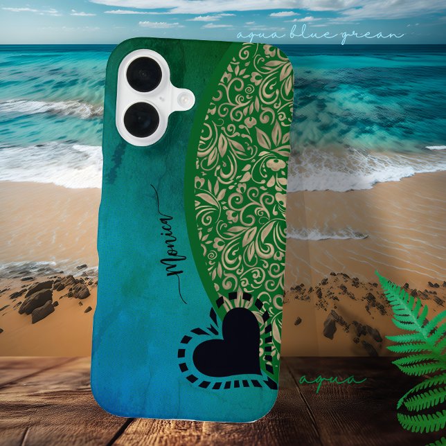 Aqua Blue Green Modern Floral Heart  iPhone 16 Case (Aqua Blue Green Modern Floral Heart iPhone 16 )