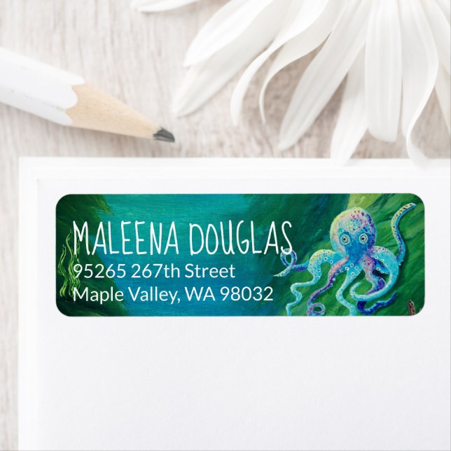 Aqua, Blue, Green Octopus Return Address Label (Insitu)