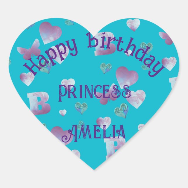 Aqua/blue-green, pink hearts & butterflies balloon heart sticker (Front)