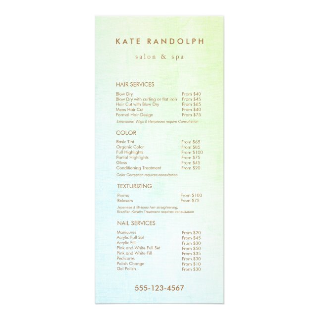 Aqua Blue Green Salon Spa Price List Service Menu (Front)