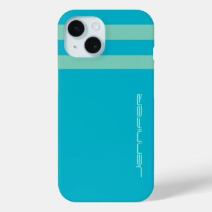 Aqua Blue/Green Stripe/Solid Custom Name Tough iPhone 15 Case