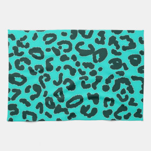 Aqua Blue-Green, Turquoise Leopard Animal Print Kitchen Towel