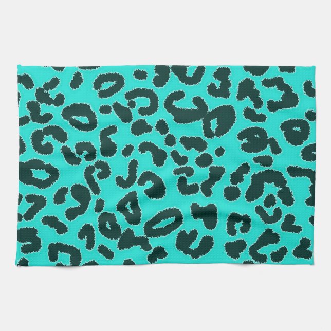 Aqua Blue-Green, Turquoise Leopard Animal Print Kitchen Towel (Horizontal)