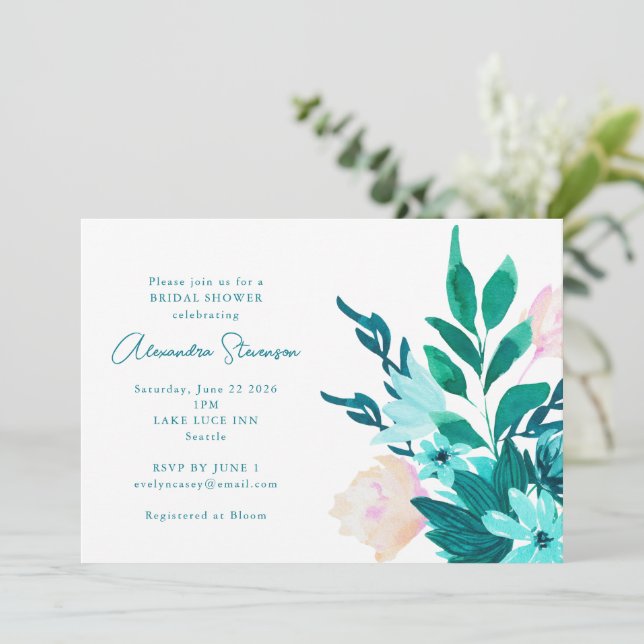 Aqua Blue Green Watercolor Floral Bridal Shower Invitation (Standing Front)
