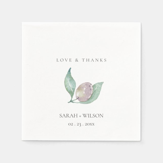 AQUA BLUE GREEN WATERCOLOUR FOLIAGE OLIVE MONOGRAM NAPKIN (Front)