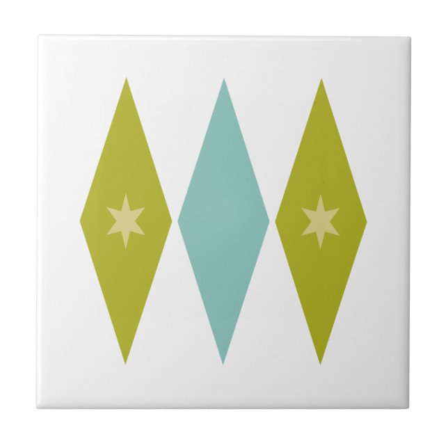 Aqua Blue Green Yellow Diamonds Stars Mid Century Tile (Front)