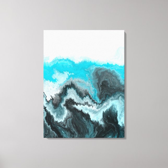 Aqua Blue Grey and Black Waves Abstract Modern Art Canvas Print (Front)