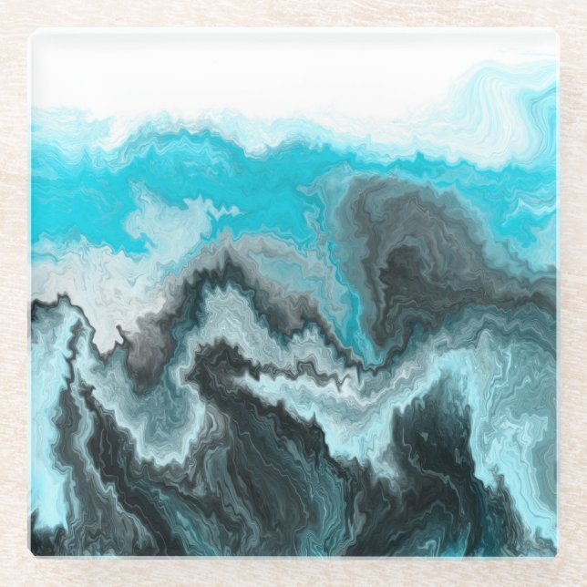 Aqua Blue Grey and Black Waves Abstract Modern Art Glass Coaster (Front)