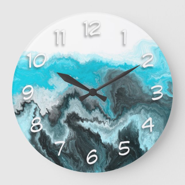Aqua Blue Grey and Black Waves Abstract Modern Art Large Clock (Front)