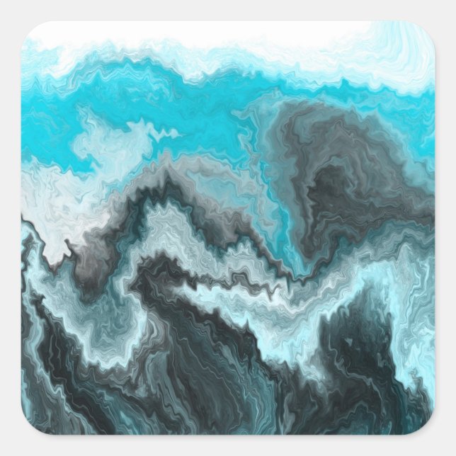 Aqua Blue Grey and Black Waves Abstract Modern Art Square Sticker (Front)