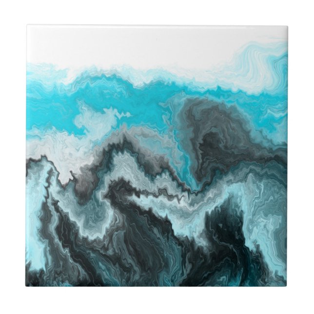 Aqua Blue Grey and Black Waves Abstract Modern Art Tile (Front)