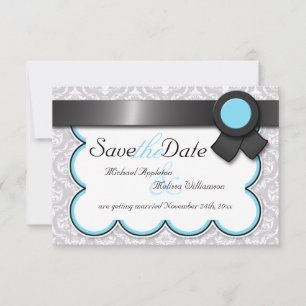 Aqua Blue & Grey Damask Save the Date Announcement