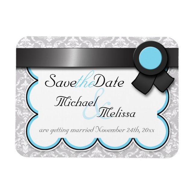 Aqua Blue & Grey Damask Save the Date flat Magnet (Horizontal)