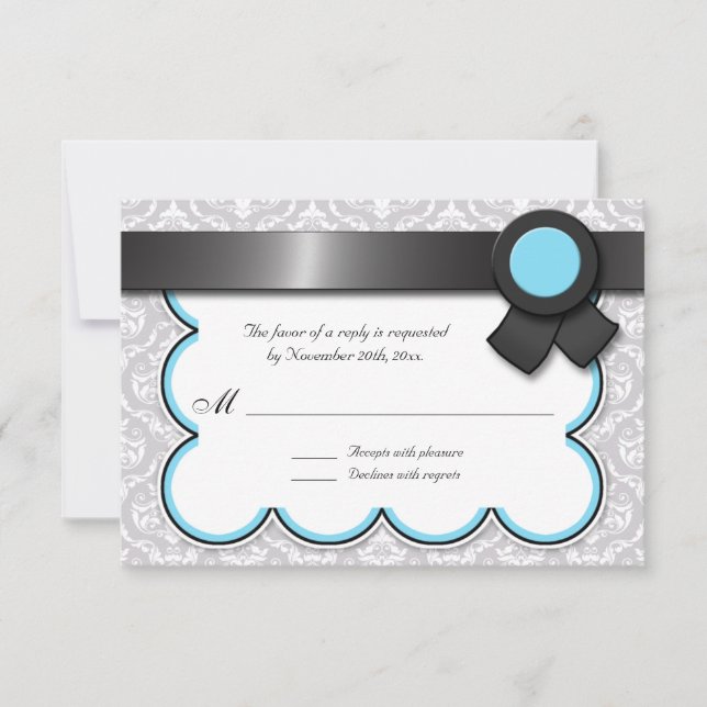 Aqua Blue & Grey Damask Wedding Reply / RSVP Cards (Front)