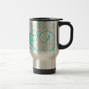 aqua blue grey flourish swirls travel coffee mug