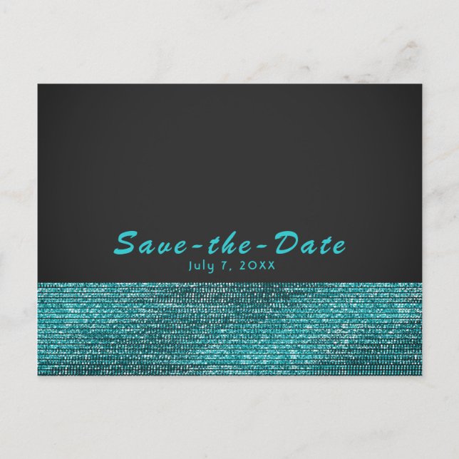 Aqua Blue & Grey Modern Glam Sequins Save the Date Announcement Postcard (Front)