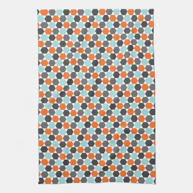 Aqua blue, grey, orange geometric hexagon pattern kitchen towel (Vertical)