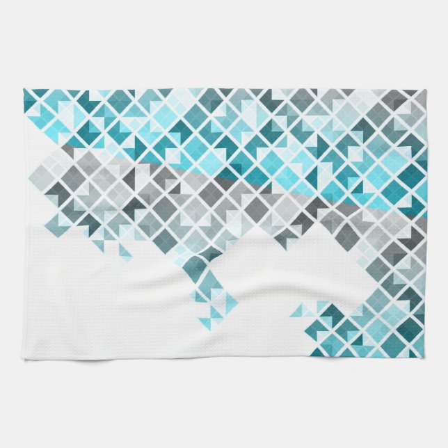 Aqua Blue, Grey & White Geometric Pattern Kitchen Towel (Horizontal)