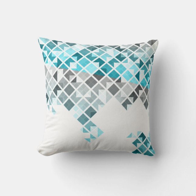 Aqua Blue, Grey & White Geometric Pattern Throw Pillow (Front)