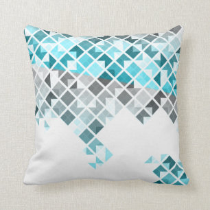 Aqua Blue, Grey & White Geometric Pattern Throw Pillow