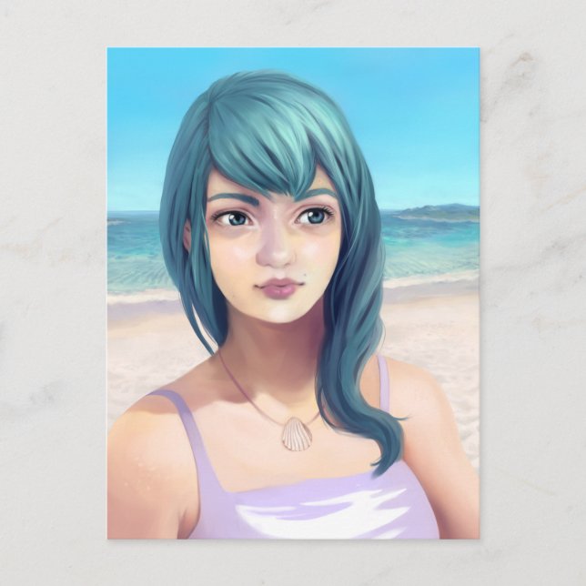 Aqua - Blue Haired Pretty Girl on Beach Postcard (Front)