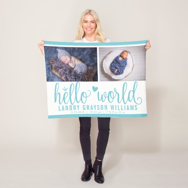 Aqua Blue Hello World Monogram Baby Stat Fleece Blanket (In Situ)