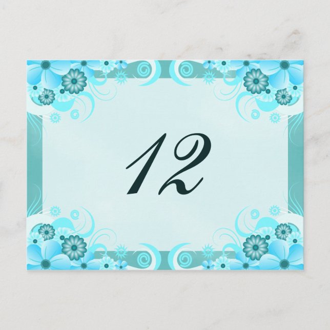 Aqua Blue Hibiscus Wedding Table Number Card (Front)