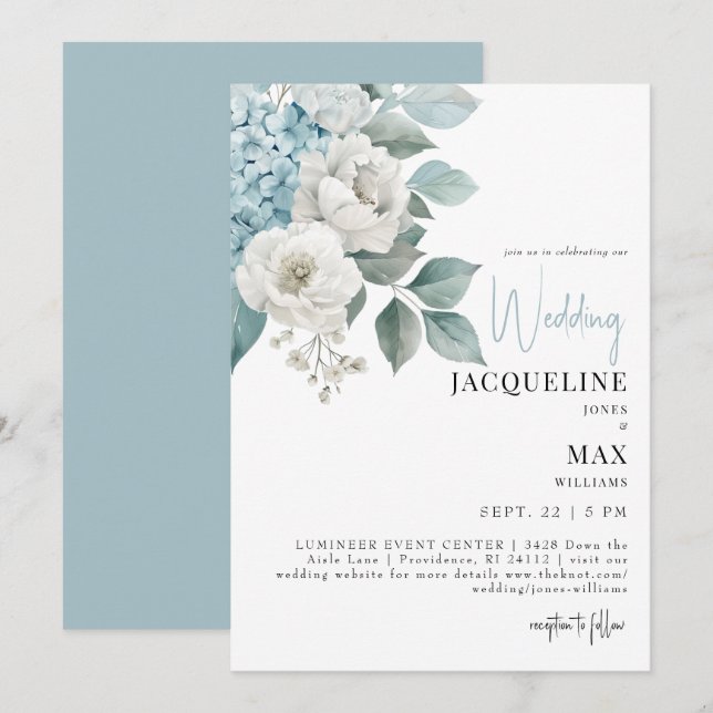 Aqua Blue Hydrangeas Wedding Invitation (Front/Back)