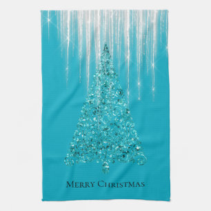 Aqua Blue Icicles Sparkle Christmas Tree Kitchen Towel