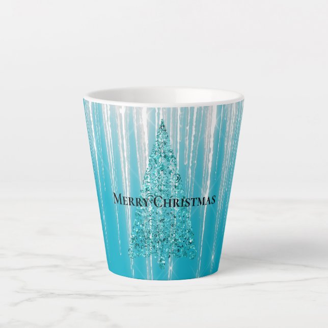 Aqua Blue Icicles Sparkle Christmas Tree Latte Mug (Front)