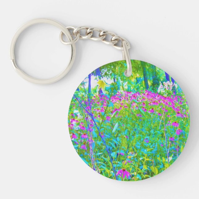 Aqua Blue Impressionistic Garden Landscape Keychain (Front)