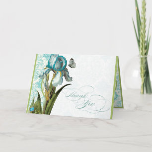 Aqua Blue Iris Damask Quatrefoil Merci Note