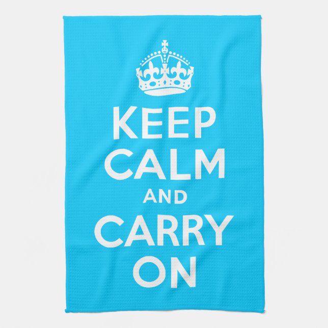 Aqua Blue Keep Calm and Carry On Kitchen Towel (Vertical)