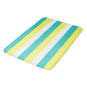 Aqua Blue, Lemon Yellow and White Stripes Bath Mat