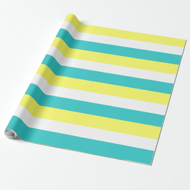 Aqua Blue, Lemon Yellow and White Stripes Wrapping Paper (Unrolled)